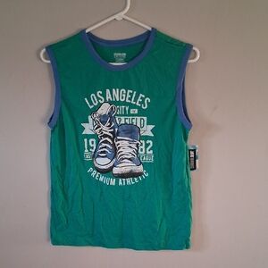 Kids Green Sleeveless Shirt with Blue Trim